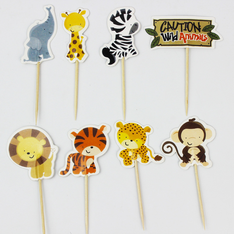 

Wholesale-24pcs Jungle Safari Cupcake Picks Animal Cake Toppers Cartoon Cupcake Inserts Card Birthday Baby Shower Kids Party Favors