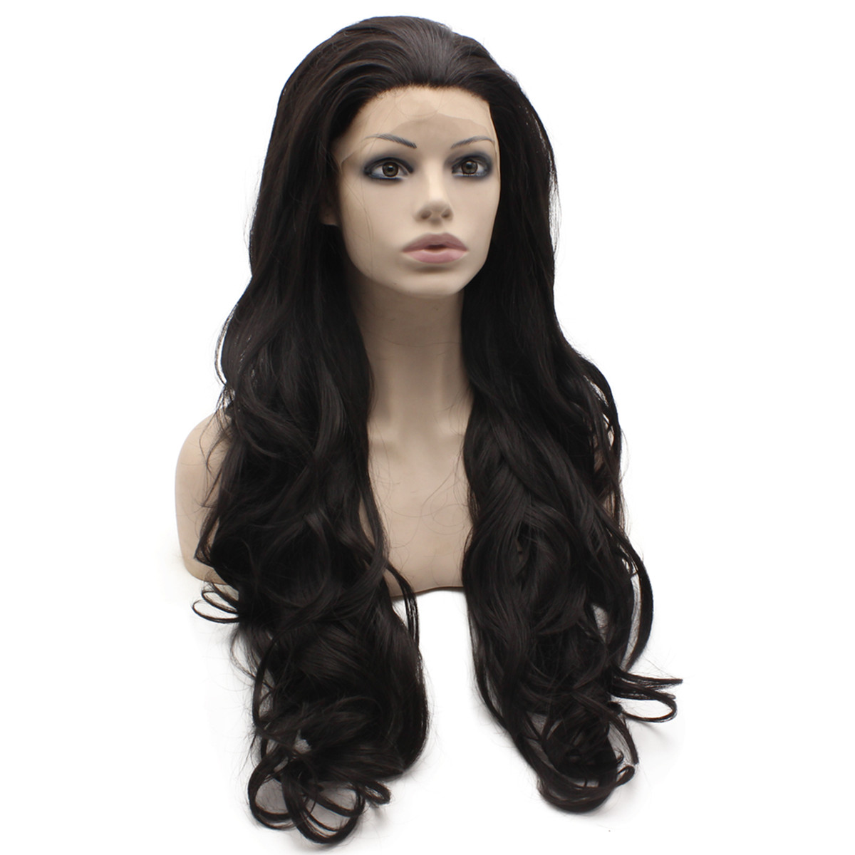 

26" Long Black Wavy Wig Heat Safe Synthetic Hair Front Lace Wig