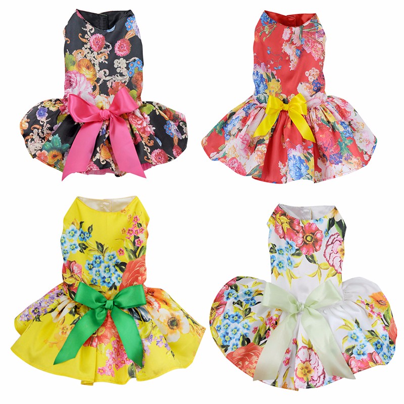 

Pet Dog Elegant Floral Ribbon Dog Dress Shirt Vest Sundress Wedding Party Clothes Apparel, Show as picture
