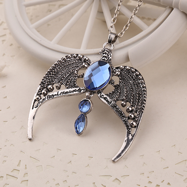 

Wholesale-1pc Ravenclaw Unisex Sweater Chain Necklace Silver Plated Eagle Diadem Rhinestone Pendant for Retail