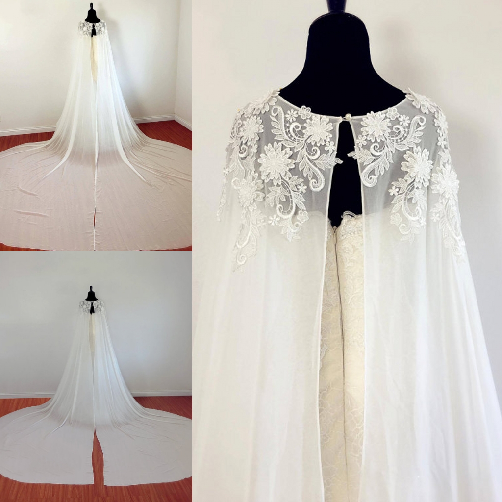 

New Design Fashion Bridal Cloak Long Plus Size Lace Appliques Wedding Accessories Custom Made Chiffon Coat, Hunter green