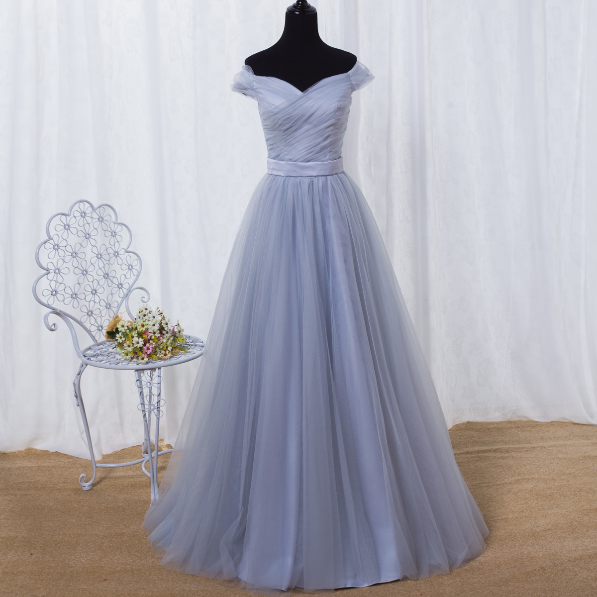 

Smoky Gray Bridesmaid Dresses Off Shoulder Lace-up Back Pleats Tulle Wedding Party Dresses Burgundy,Royal Blue,Lavender evening gowns Cheap