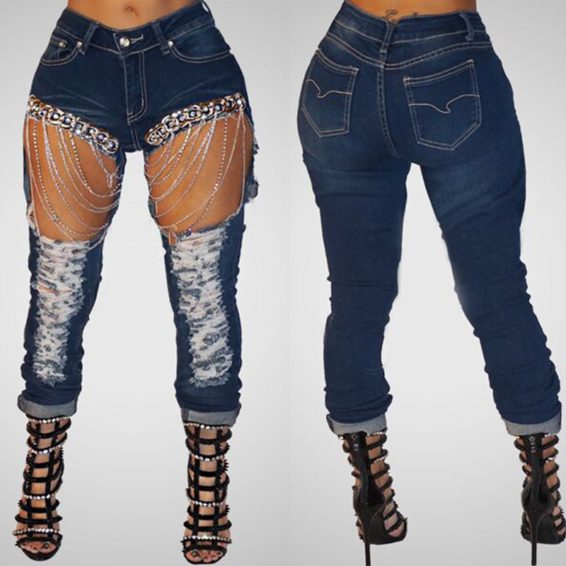 

High-Waist Jeggings Chain ripped jeans for women clothes washed nail drill pencil woman high waist denim womens plus size designer jeans, Blue