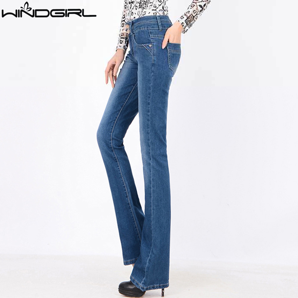 Vente en gros- WINDGIRL taille haute bootcut jeans femmes flare jean bleu denim pantalon slim femme plus taille coton pantalon pantalones vaquero