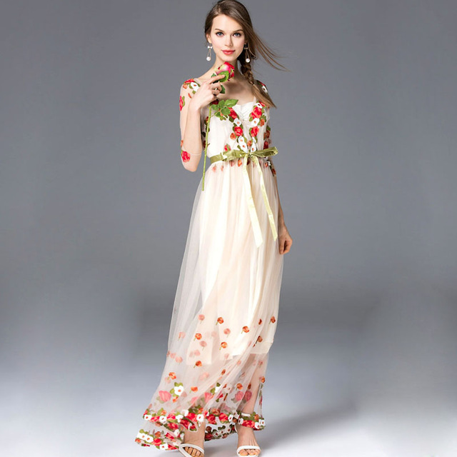 

High Quality New Arrival Women' Sexy V Neck 3/4 Sleeves Embroidery Sash Belt Elegant Long Runway Dresses in Plus Sizes, Multi