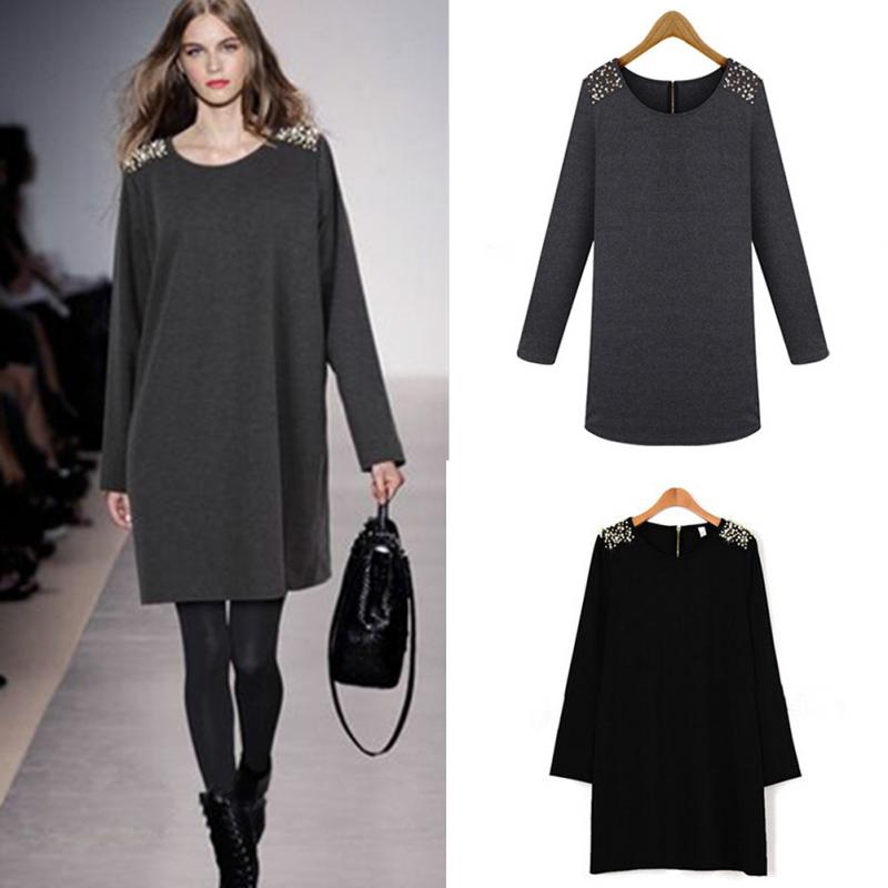 

New 2015 Fashion Women Casual Dress European Style Pearls Deco Loose Dresses Long Sleeve Autumn/Spring/Winter Dress Vestidos, Dark gray