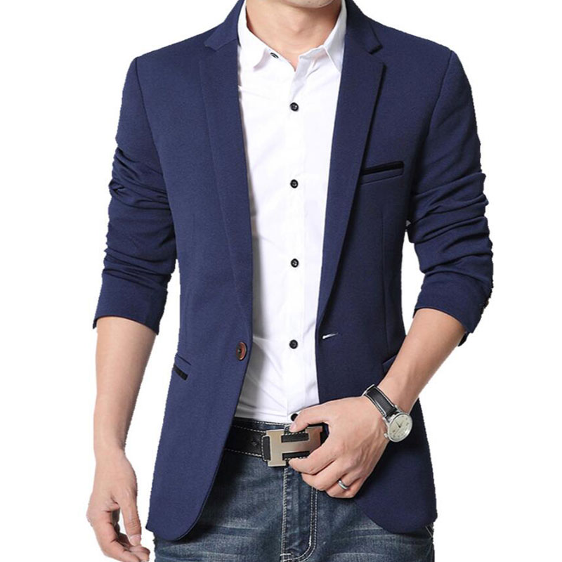 

Wholesale- Mens Korean slim fit Casual cotton blazer Suit Jacket black blue beige plus size M to 5XL Male blazers Mens coat Wedding dress, Navy blue