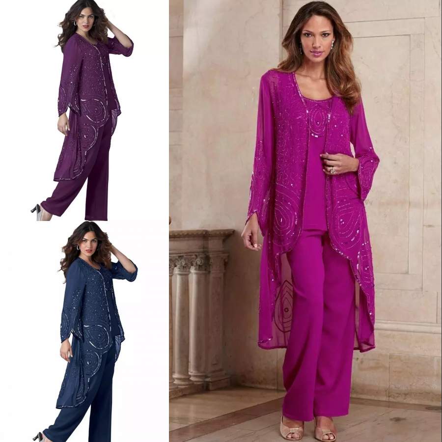 

Chic Three Pieces Beading Mother Of The Bride Pant Suits Long Sleeves Jacket Wedding Guest Dress Chiffon Sequined Plus Size Evening Dresses