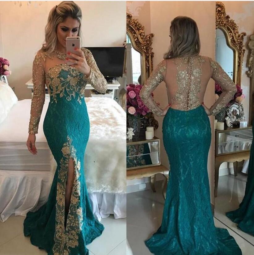 

2017 Turquoise Hunter Mermaid Long Sleeve Evening Dresses Sparkly Rhinestones Beaded Lace Appliques Split Prom Dresses Illusion Back, Multi