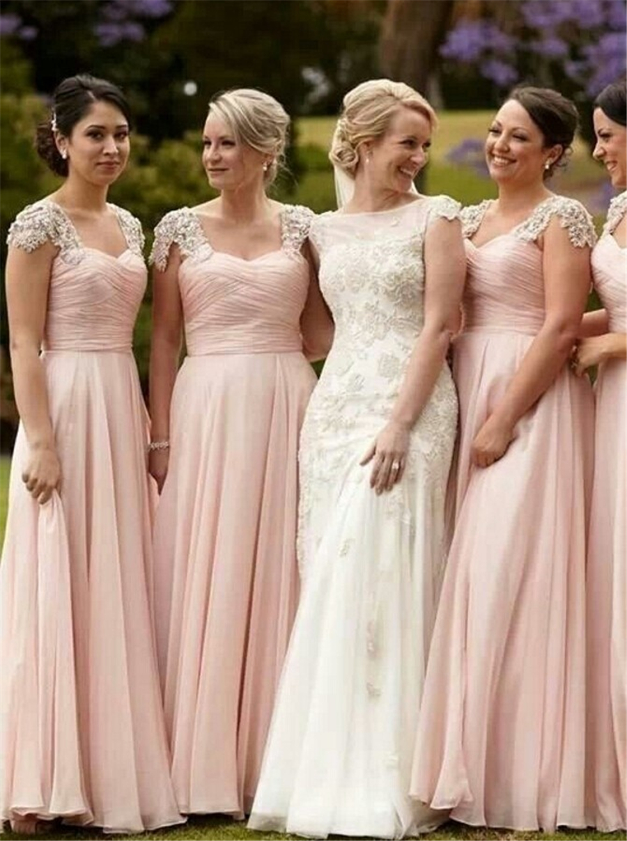 

Stunning Scoop Cap Sleeves Floor-Length Pink Chiffon Bridesmaid Dress with Beading Ruched Chiffon Long Wedding Party Dresses