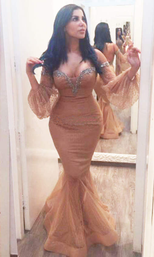 

Off-the-Shoulder Hot Sequins Mermaid Backless Plus Size Evening Gown Champagne Long Sleeves Prom Dresses vestido formatura longo, Sage