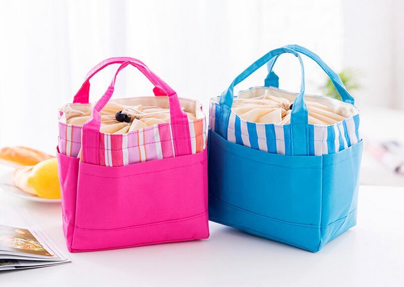 

100pcsn Isothemic Bags Min stripes Drawstring Ice Packs Thermal Food Picnic Lunch Bag fo handbag 4colors 21.5*13.5*20cm, Sky blue