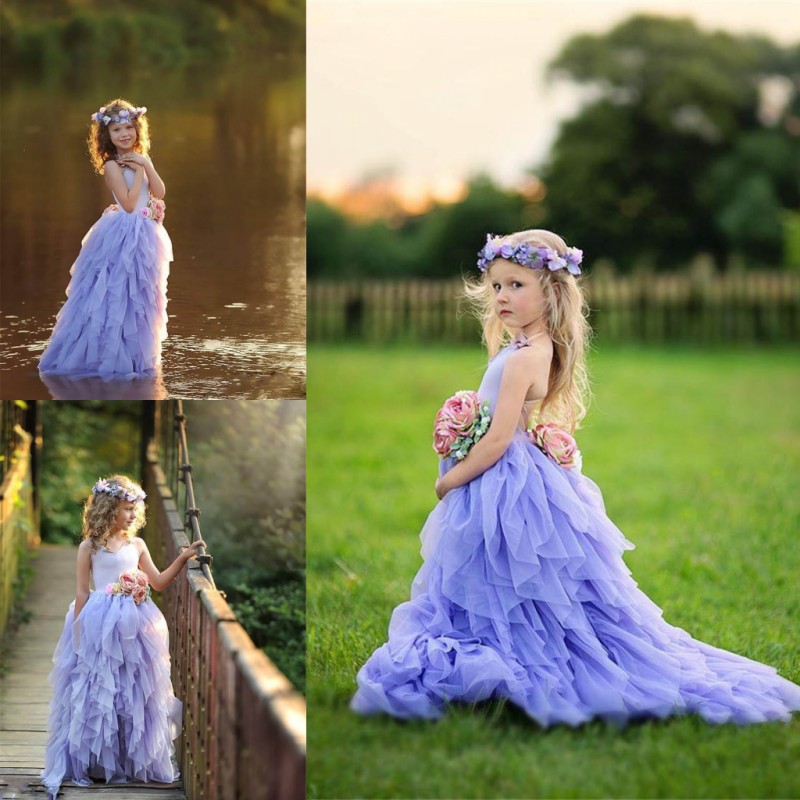 

Lavender Halter Girls Pageant Gowns Tulle Tiered Long Flower Girl Dresses For Wedding Colorful Flowers Backless Baby Party Dress Custom Made, Champagne