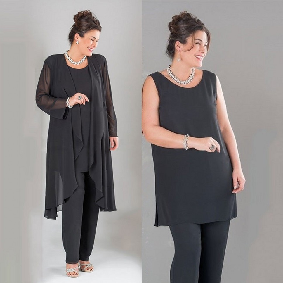 

Black Chiffon Mother Of The Bride Pant Suits Jewel Neck Wedding Guest Dress With Long Sleeves Jacket Mothers Of The Groom Dresses