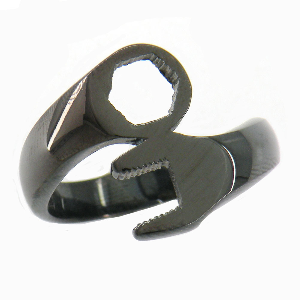 

FANSSTEEL stainless steel vintage mens or wemens jewelry BLACK PLATING MOTORCYCLE REPARING TOOLS SPANNER WRENCH BIKER RING 09W79B