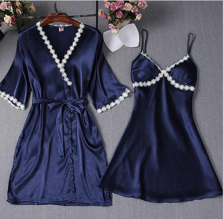 

New Sexy Satin Kimono Women's Gorgeous Loungewear Robe 2pcs per set Solid Lace Up Sleepwear Nightwear Dress, Black;red