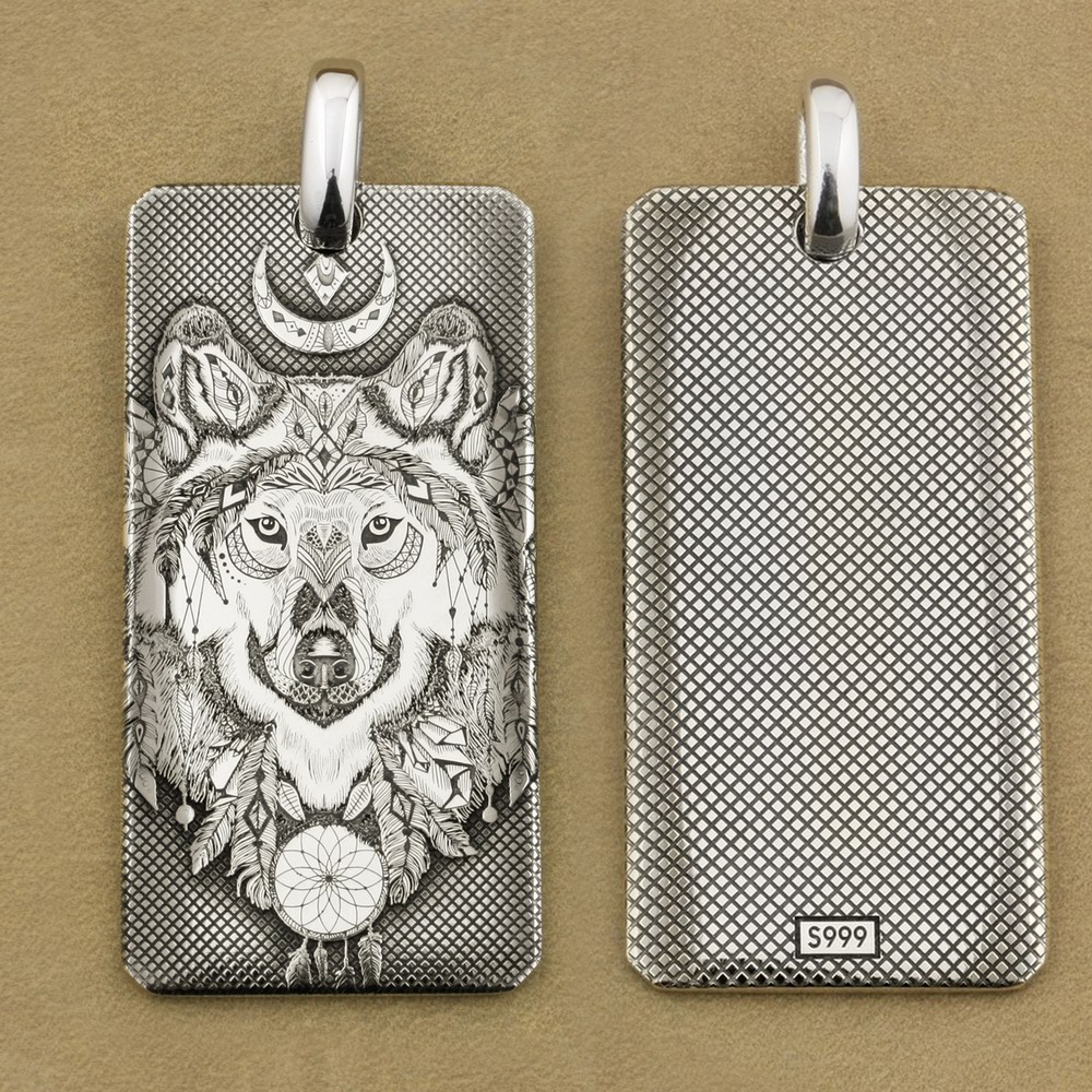 

LINSION Deep Laser Engraved 999 Silver Indian Wolf DogTag High Details Mens Biker Punk Pendant 9X031S Just Pendant