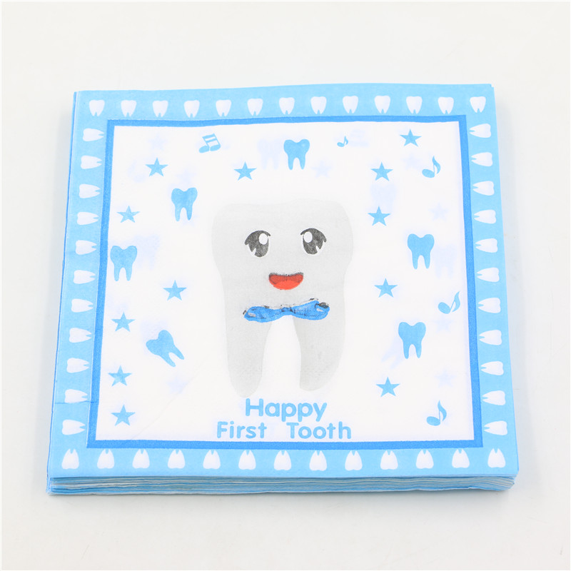 Vente en gros - Serviette en papier imprimée bleu Happy First Tooth Pour types de fête Découpage Festas Tissu Servilleta 33cm * 33cm 20pcs / pack