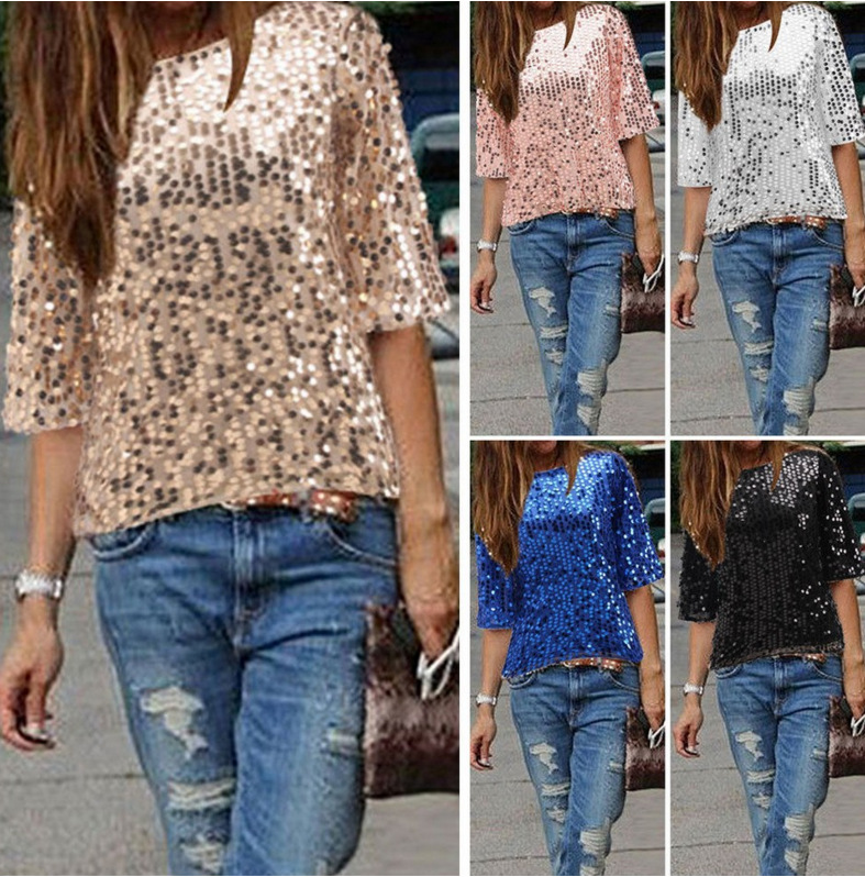 Wholesale- 2017 New Women Casual Basic Summer Sequins Sexy T-shirt Top Tee Shirt Solid short sleeves blusas O-neck Plus Size