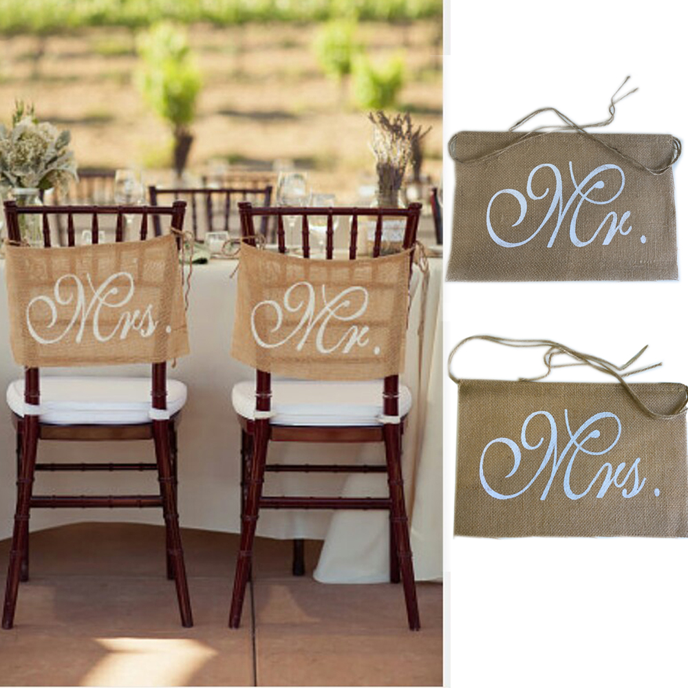 

Wholesale- 1 Set Mr and Mrs Burlap Chair Banner Set Chair Sign Garland Rustic Wedding Party Decoration
