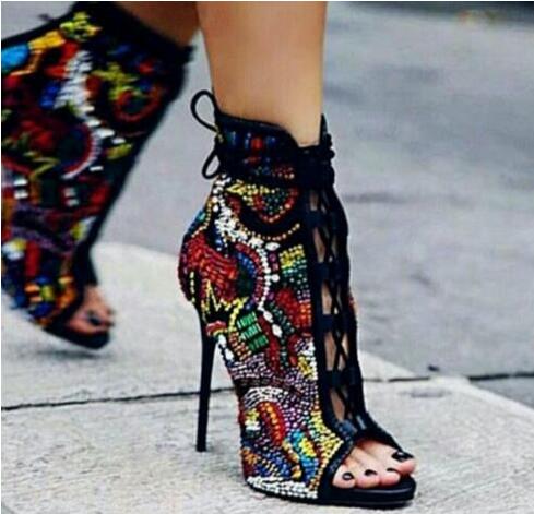 

Fashion Crystal Covered Comic Open Toe Booties Lace Up High Heels Summer Sandals Boots Multicolor Diamond Sexy Ladies Stiletto, Black