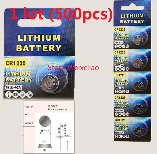 

500pcs 1 lot CR1225 3V lithium li ion button cell battery CR 1225 3 Volt li-ion coin batteries Free Shipping