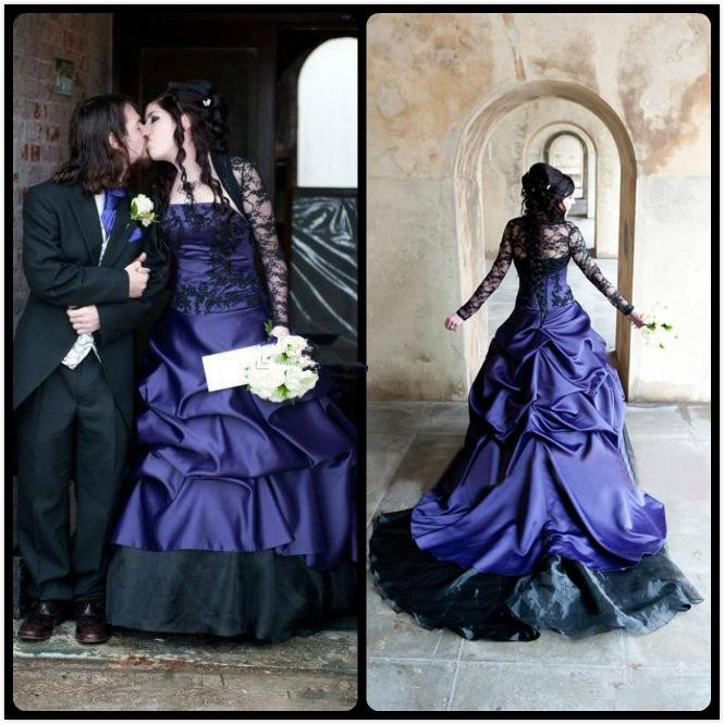 

Gothic Style Black Wedding Dress with Jacket Lace Long Sleeve Appliques Satin A Line Bridal Gowns vestido de noiva Custom W068, Multicolor
