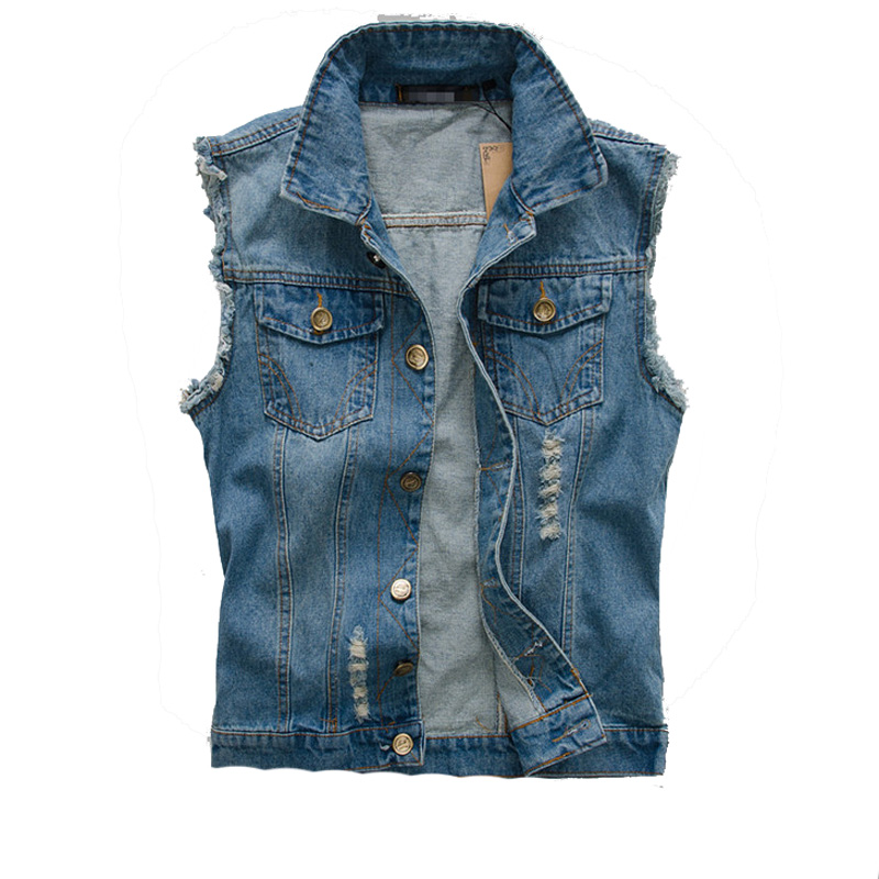 

Wholesale- 2016 New Fashion Mens Denim Vest Vintage Sleeveless washed jeans waistcoat Man Cowboy ripped Jacket Plus Size 5XL Asian,EDA176