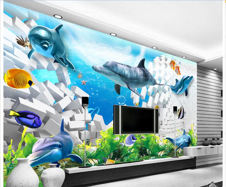 

3d wallpaper custom photo Non-woven mural Seafood Dolphin Fish Brick Wall room decor painting picture 3d wall muals wall paper for walls 3 d, Pictures show