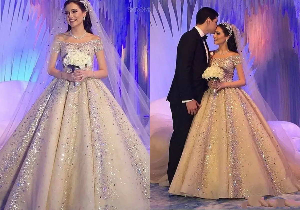 

Dubai Arabic Luxury Off The Shoulder Ball Gown Wedding Dresses Bling Sequins Beads Country Wedding Dress Floor Length Plus Size Bridal Gowns, Black