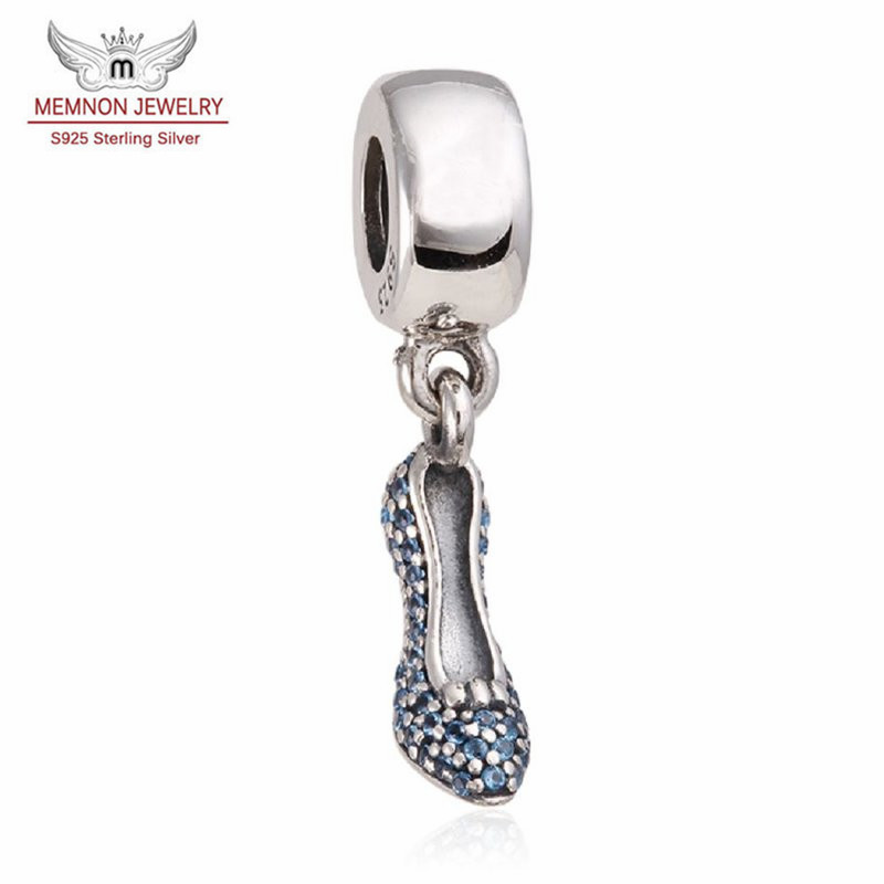 Memnon Jewery Original 925 Sterling Silver beads Pave Blue CZ Slipper charms High Heel Shoe Charm Pendants For Women Bracelets DIY DSN014
