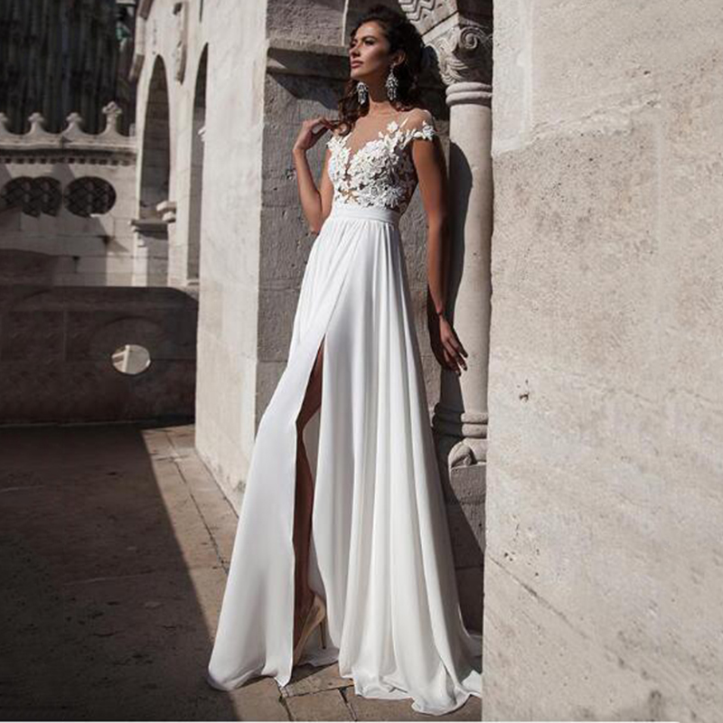 

Hote sale Fashion Thigh-High Slit Dress beach prom dresses Sexy See Through Top Lace Applique Chiffon Evening Party Dresses Hot sale Button, Blue