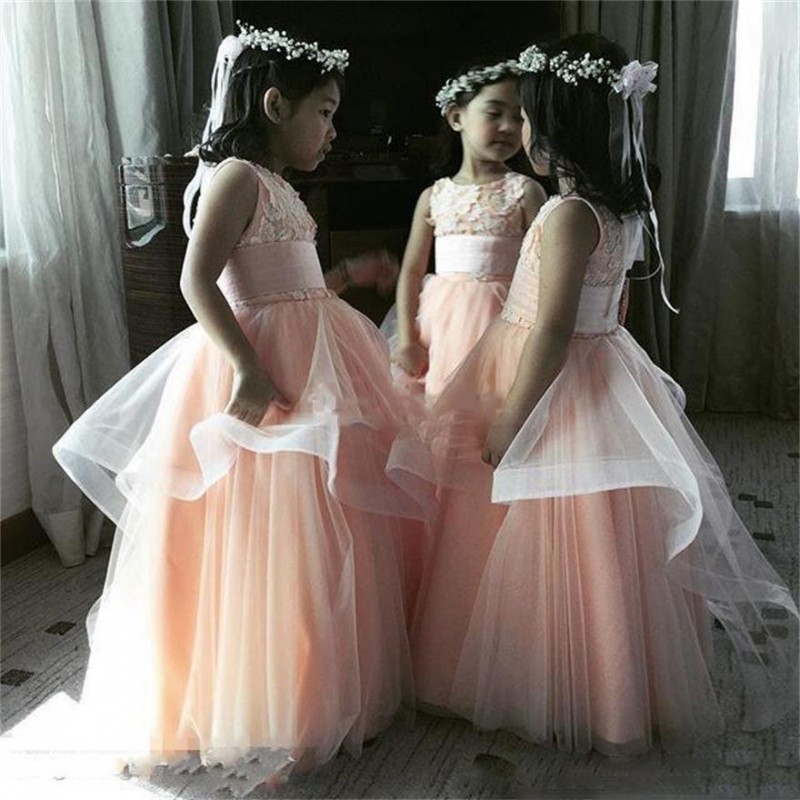 

Gorgeous Tulle Lace Appliques Flower Girl Dresses For Wedding Crew Sleeveless Peplum Girls Pageant Gowns Kids Birthday Party Dress, Brown