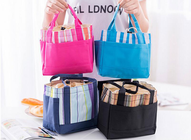 

10pcs Isothemic Bags Min stripes Drawstring Ice Packs Thermal Food Picnic Lunch Bag fo handbag 4colors 21.5*13.5*20cm, Sky blue