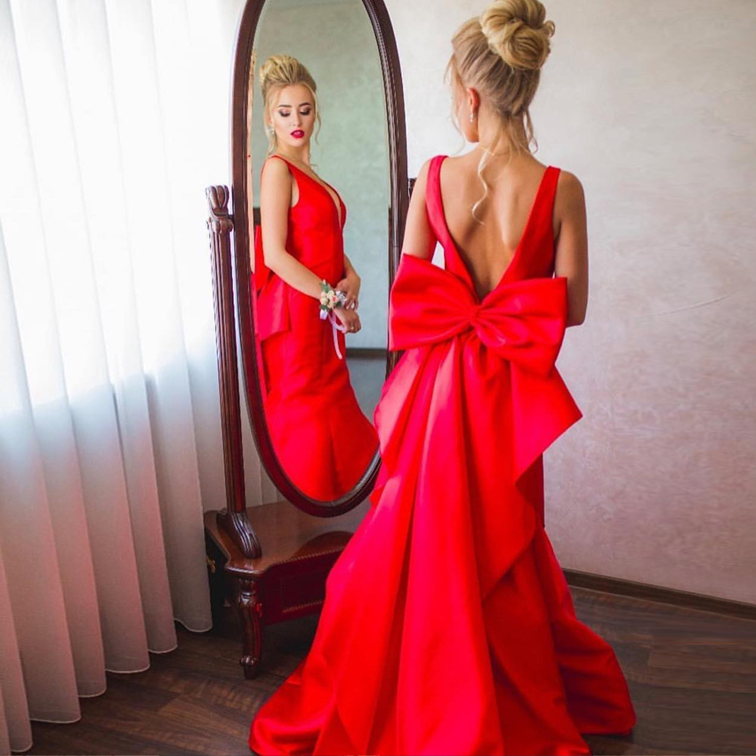 

Backless Red Mermaid Prom Dresses With Big Bow Satin Ruffles Floor Length Purple Mermaid Evening Dresses Formal Gowns Sweep Train, Yellow