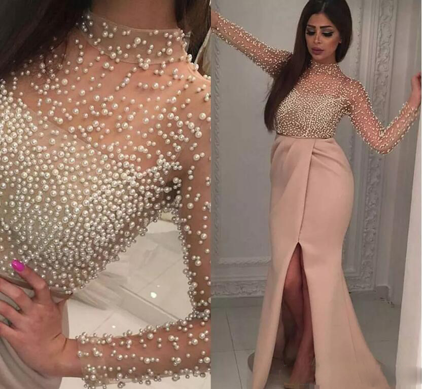 

Split Slit Evening Dresses with Long Sleeve Pearls Illusion Neck Middle East Arabic Yousef Aljasmi Evening Party Dress Mermaid Evening Gowns, Ivory