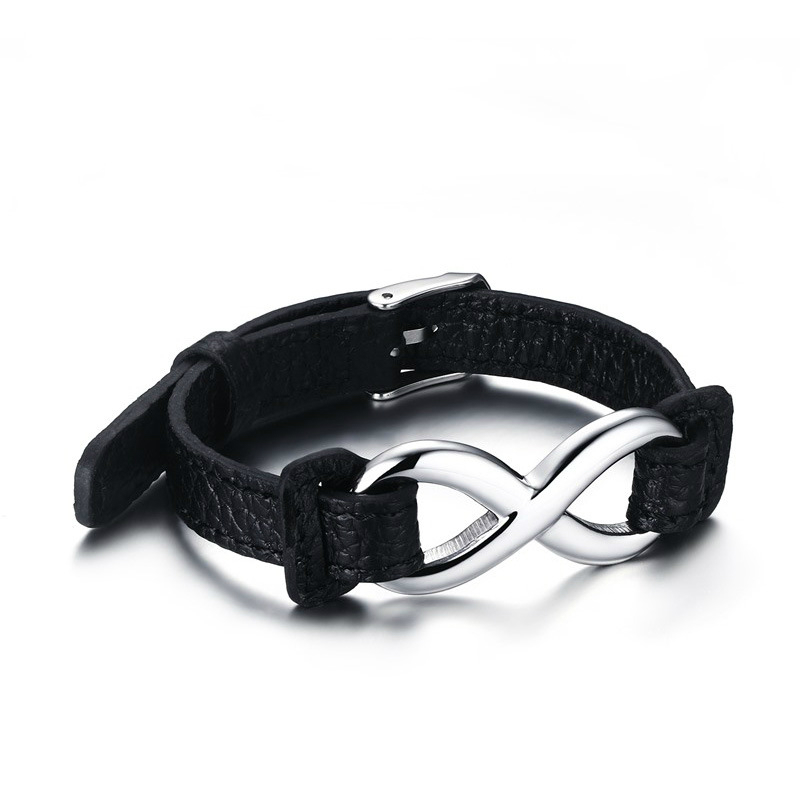Black Genuine Leather Infinity Sign Wrap Wrist Band Rope Bracelets for Women and Men Jewelry Size Adjustable