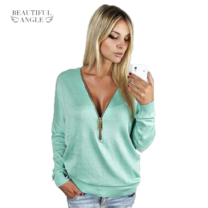 

Wholesale- 2017 New Deep V Zipper Collar Bat Long Sleeve For Female Casual Thin Coat Women Autumn Hoodies Sexy Solid Lace Tracksuits Tops, Black