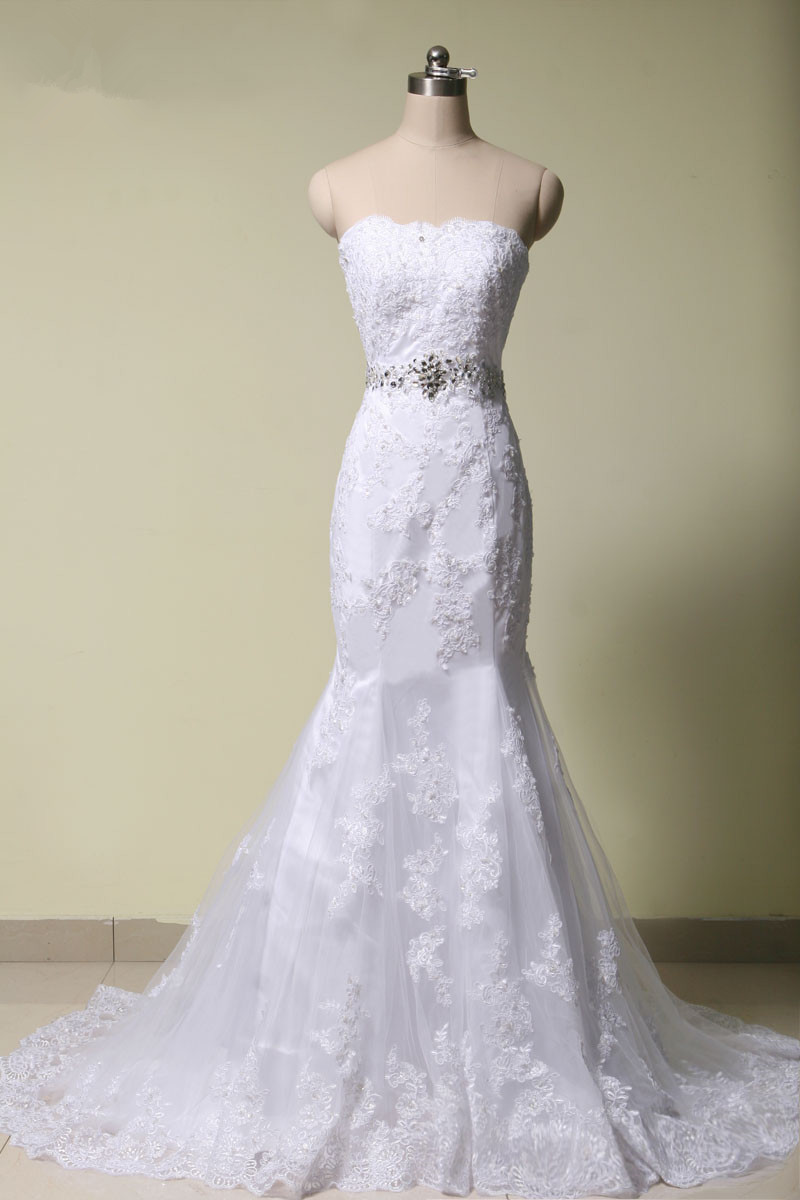 

2017 Sexy Elegant Lace Crystal Mermaid Wedding Dresses With Appliques Plus Size Bridal Gowns Vestido De Novia BM01, Ivory
