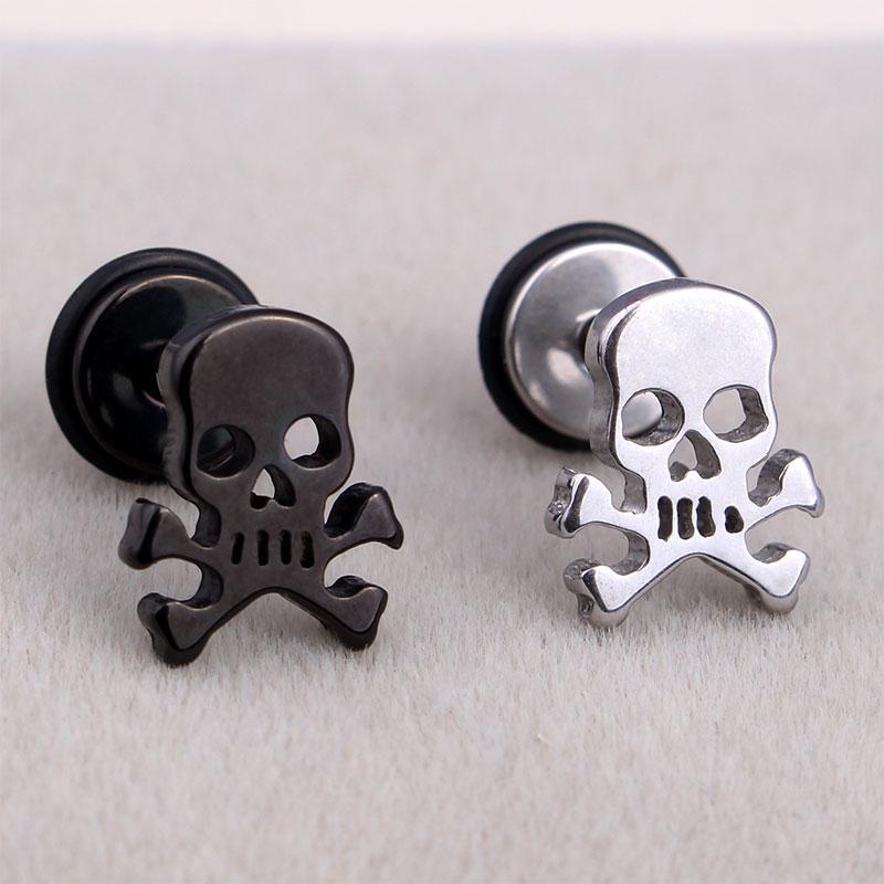 Fashion Punk Pirate Skull Ear Studs Stainless Steel Silver Black Gothic Skull Screw Stud Earrings Brincos Jewelry For Cool Men-image-400608078
