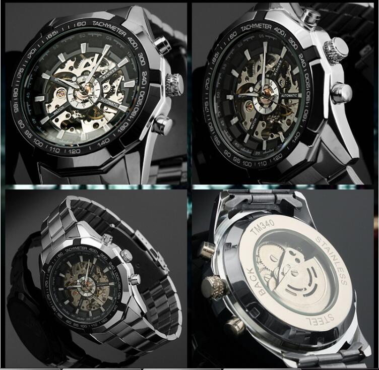 

Free shipping mens sport style Watch Winner Mechanical automatic Wristwatch for men steel band W01, Black face