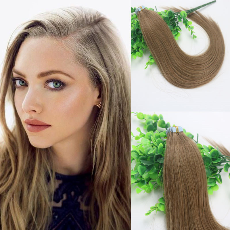 

100g Tape In Human Hair Extensions Light Brown #8 Remy Tape Hair Extensions Skin Weft PU 14 16 18 20 22 24 INCH