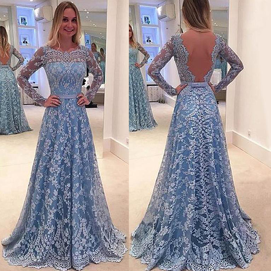 

Glamorous Lace Jewel Neckline Long Sleeves A-line Prom Dresses With Belt & Bowknot Blue Lace Long Sleeves Evening Dress vestidos de fiesta, Chocolate