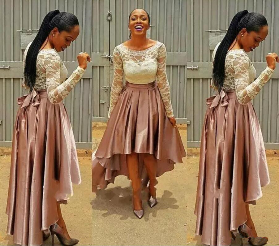 

Long Sleeves High Low Bridesmaid Dresses Lace Jewel Plus Size Wedding Guest Wear Formal Party Dress Cheap Custom Made Maid Of Honor Gowns