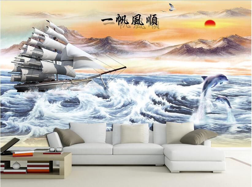 

3d wallpaper custom photo Non-woven mural Sunrise seaside wave sailing decor painting picture 3d wall muals wall paper for walls 3 d, Pictures show