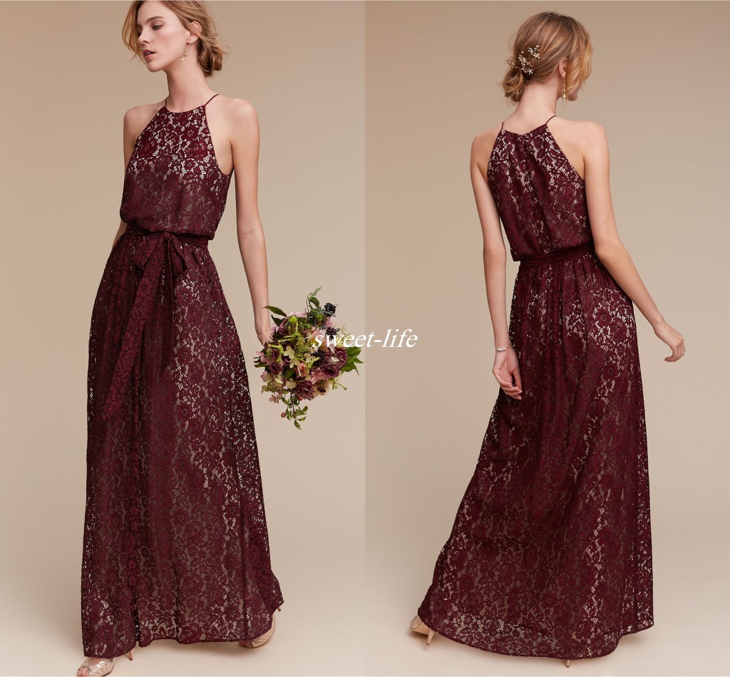 Burgundy Lace Long Bridesmaid Dresses Halter A Line 2020 Boho Beach Wedding Guest Maid of Honor Dress Party Gowns Plus Size Cheap