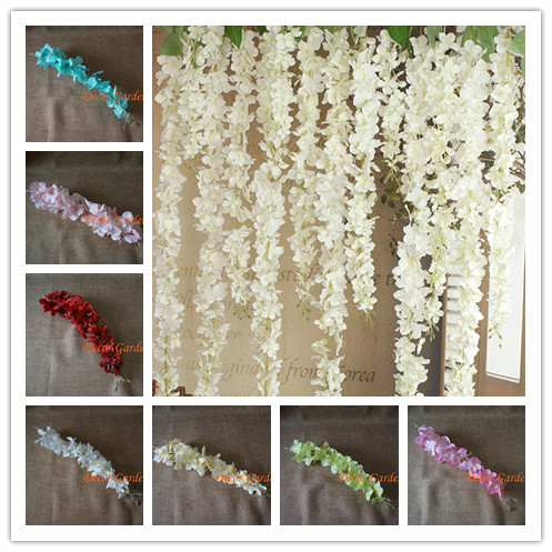 

50PCS Artificial Hydrangea Wisteria Flower Vine Rattan For DIY Wedding Square Wall Stage Background Sencery Hanging Basket Can Be Extension, Purple 35cm