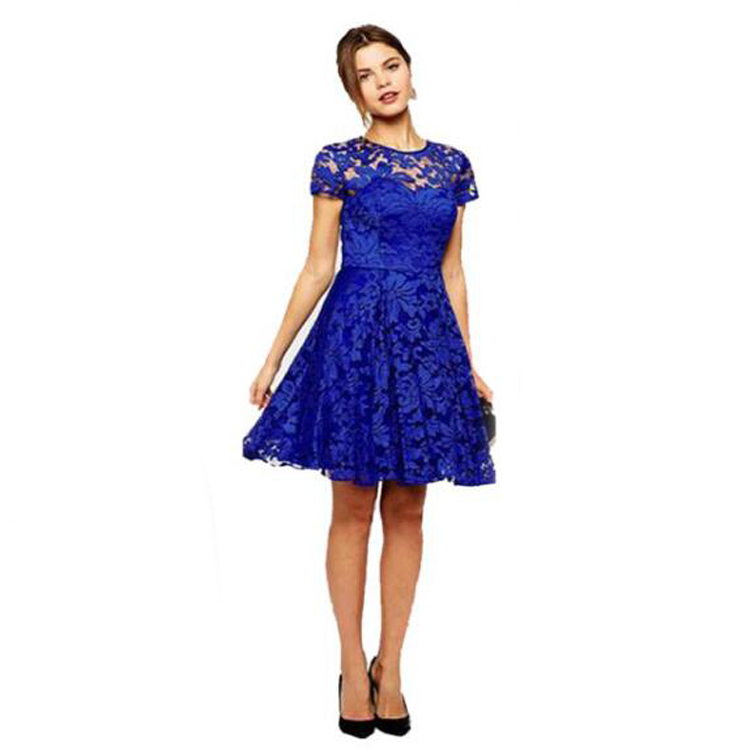 Women's Fashion Plus Sizes Lace Dress Short Sleeve Elegant O Neck Lace Middle Dress Casual Solid Middle Waist Dress NS9213A