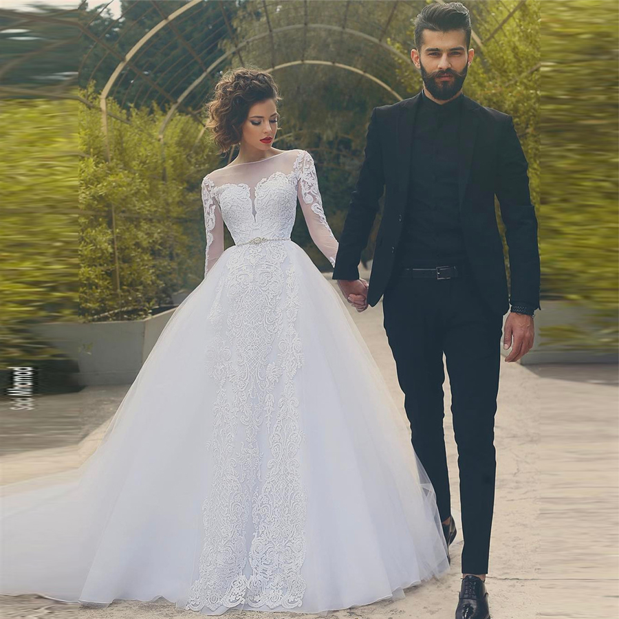 

African Saidmhamad Tulle Ball Gown Wedding Dresses Saudi Arabia Long Sleeves Sheer Neck Luxury Tulle Appliques Bridal Dress