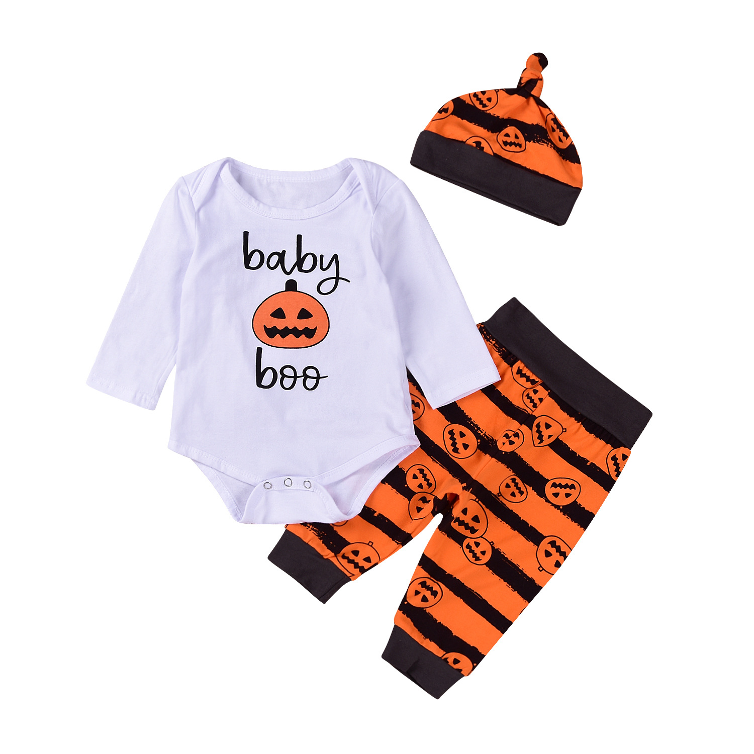 

2017 Newborn Toddlers Pumpkin Halloween Outfits Infant Baby Boys Girls Long Sleeve Romper With Pants Hat 3Pcs Sets, As pic